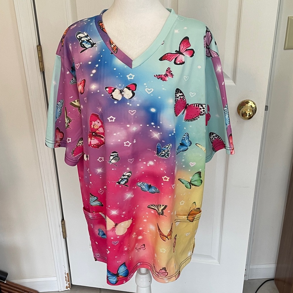 Colorful Butterfly Print Scrub Top. 3x